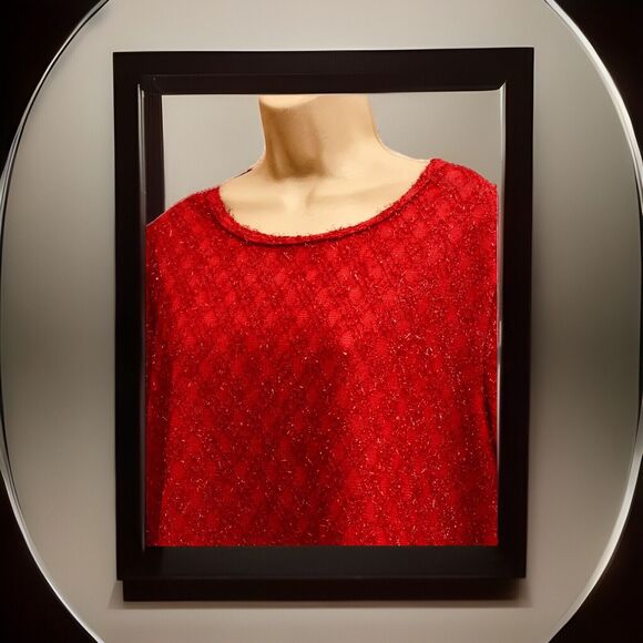 Kathie Lee Top Womens 18W/20W Argyle Pullover Red Polyester S/SLV Sparkle USA - Picture 3 of 11